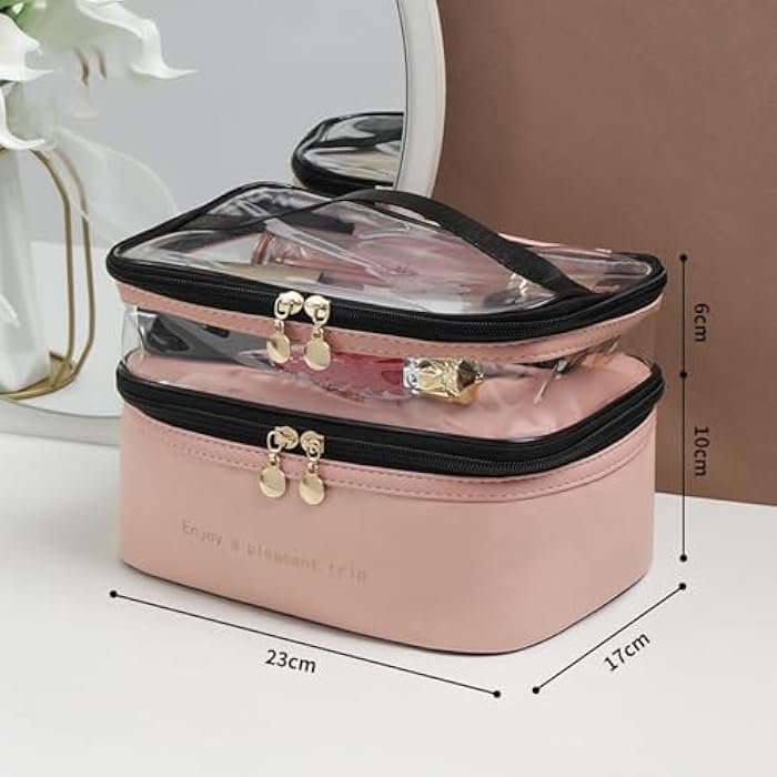 gepas Cosmetic Bag, Leather Double Layer Cosmetic Bag, Large Capacity Waterproof Makeup Bag, Made of Leather, 23 x 17 x 16 cm, Pink - Image 3
